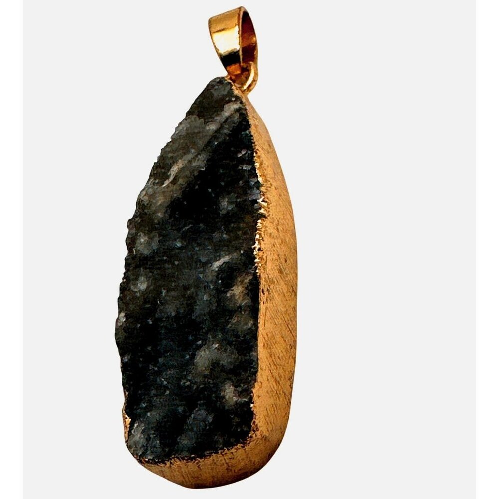 Natural Black Druzy Gemstone Pendant 10k Gold Trim Earthy - Picture 6 of 7